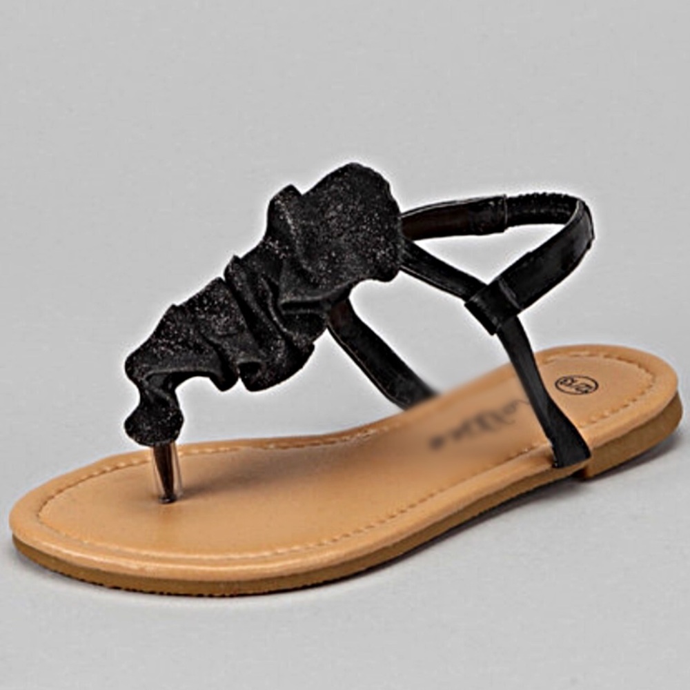 Black Glitter Ruffle T Strap Sandal